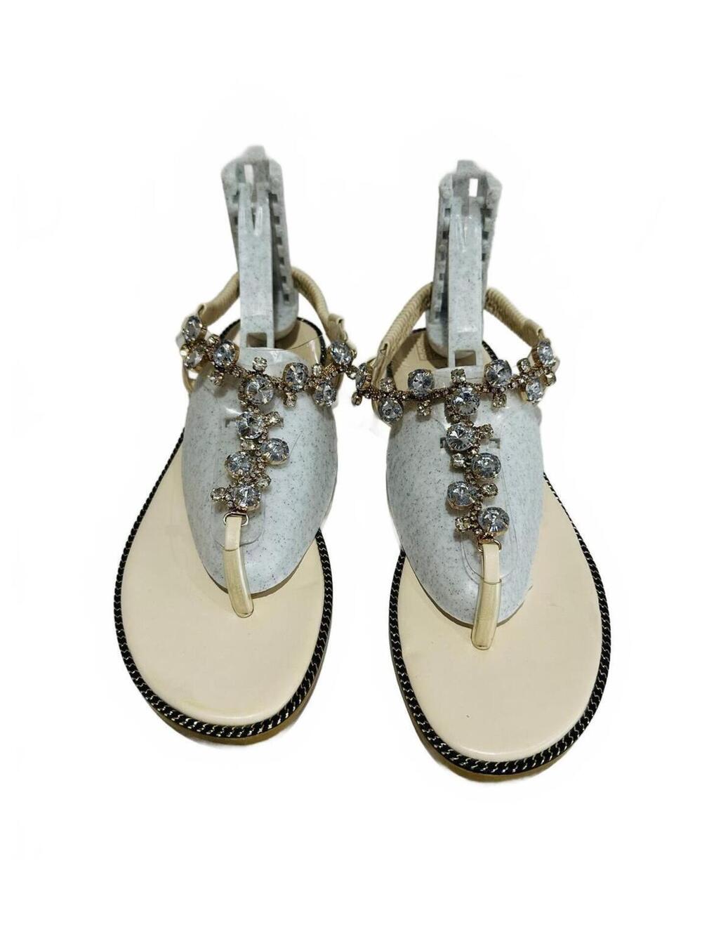 Women's Beige Rhinestone Embellished T-Strap Sandals Size US 8.5/EU 39